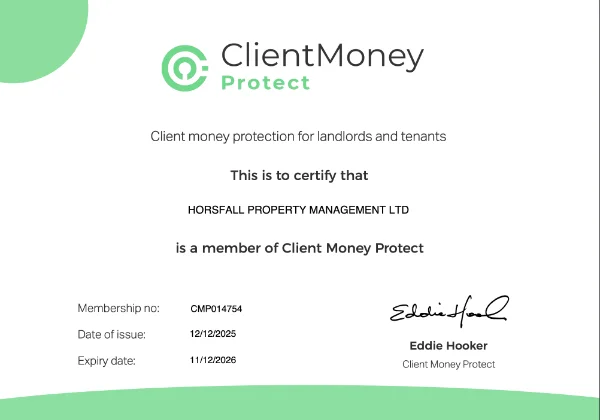 Client Money Protect membership certificate for Horsfall Property Management Ltd